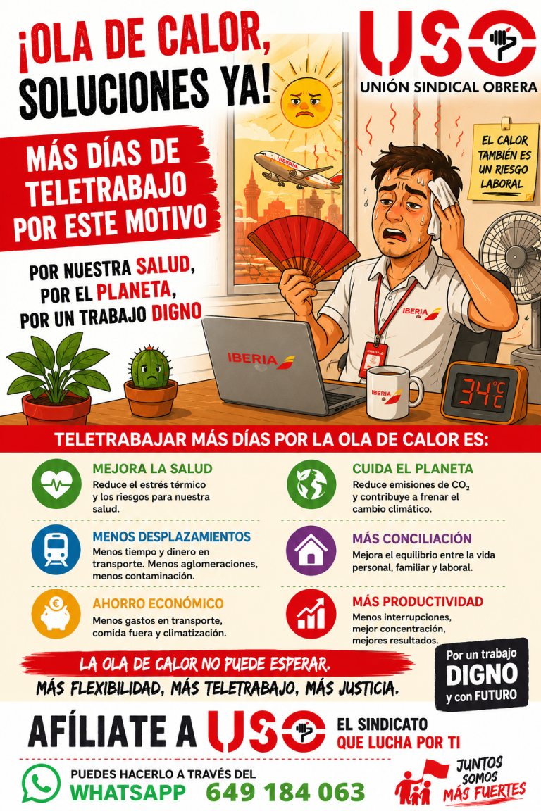 USO SOLICITA MÁS TELETRABAJO EN IBERIA ANTE LA OLA DE CALOR